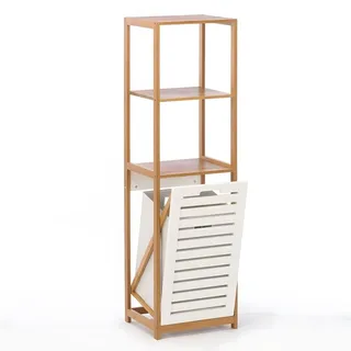 Begryf Bambus Wäschesammler mit Regal – 3‐Stufiges Badezimmerregal mit Wäschekorb – Naturholz und Stoff, Badregal mit Wäschekorb Bambus, Wäschetruhe, Wäschebehälter, Schrank für Bad & Haushalt