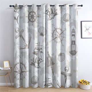 THYUNQ Vorhänge Maritime Motiv, Vorhang Blickdicht Verdunklungsvorhänge Thermovorhang mit Ösen, Gardinen Wohnzimmer Schlafzimmer Fenster, 2er Set Curtains, H 200 x B 140 cm