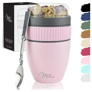 MILU Müslibecher to go 400ml MüsliMax I isolierter Edelstahl Joghurtbecher für Müsli I auslaufsicherer Becher mit Löffel für Yoghurt/Porridge (Rosa)