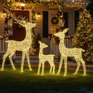 BURI LED Rentier Familie 3er Set warmweiß 700 LEDs wetterfest IP44 aus Metall mit Timer für Außenbereich Hirsch Reh Kitz Weihnachtsdeko Garten T... - Silber