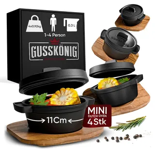 GUSSKÖNIG Dutch Oven Set Mini mit Holz-Untersetzer – 4x 300 ml Gusseisen Mini Topf mit Deckel–eingebrannter Mini Dutch Oven–Mini Cocotte Gusseisen Servierpfännchen–30 Jahre Garantie
