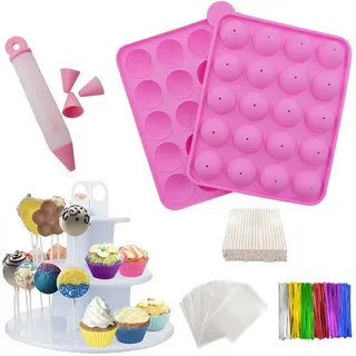 Rigrer Silikonform für Cake Pops, BPA-frei, mit 100 Cake Pop-Sticks + 100 Leckerlibeutel + 100 Twist-Bänder in verschiedenen Farben, ideal für harte Süßigkeiten, Lutscher, Cake Pop und Party Cupcake