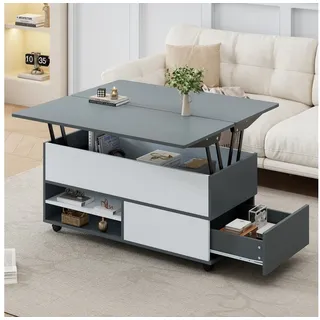 IDEASY Couchtisch Höhenverstellbarer Couchtisch mit Stauraum Rollen, Grau-Weiß 100x98cm Schubladen grau
