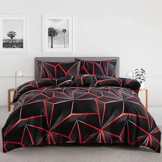 LYJKLST Bettwäsche 180x200 3teilig Bettbezug Geometrisches Muster - Bettwäsche-Sets 180 x 200 cm mit 2 Kissenbezüge 80x80cm, ÖKO-TEX Bettwäsche Bedding Geometrie mit Reißverschluss Rot und Schwarz