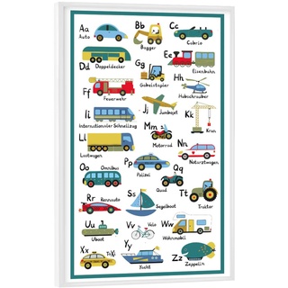 artboxONE Poster mit weißem Rahmen 90x60 cm Für Kinder ABC Lernposter Autos und Fahrzeuge - Bild ABC Alphabet Autos
