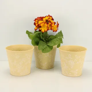 3 Blumentöpfe in Gelb mit Blumenmuster im Set - Blumentopf Kräutertopf groß P50
