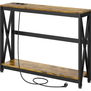 HOMCOM Konsolentisch mit Mehrfachsteckdose, Sofatisch mit 2 Regalen, schmale Eingangskonsole für Wohnzimmer, Schlafzimmer, Flur, 100 x 24 x 75 cm, industrieller Stil, rustikal braun und schwarz   Aosom