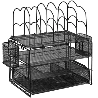 Mf Schreibtisch-organizer  Stabiles Metallgestell  Doppelablage + 5 Vertikale Fächer + Schublade  Schwarz Oder Gold  325 X 230 X 440 Mm  Optimale Aufbewahrung Für Stifte, Ordner Und Büromaterial