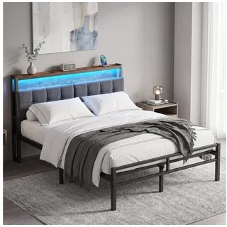 VASAGLE Bettgestell mit Kopfteil, Bett mit Stauraum und LED Beleuchtung, Steckdosen 140 cm