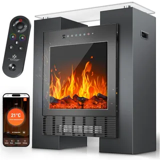 KESSER® LED Kamin mit Heizung elektrisch | Heizlüfter Elektrokamin mit Thermostat, Standkamin mit realistischem Feuer -/ Flammeneffekt per App + Fernbedienung & WLAN – mit Timer,15-35°C, Schwarz