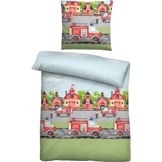 Biberna Kinderbettwäsche Kinder-Bettwäsche, Baumwolle, Feinbiber Motiv: Feuerwehr bunt