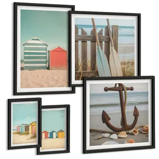 BILDER SET 5er Set - 50x50 cm & 20x30 cm & 40x60 cm Schwarzer Rahmen - Bunte Häuser, Strand, Sonne