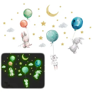 Leuchtsterne Kinderzimmer, Hase Sternenhimmel Luftballon Wandsticker Kinderzimmer, Wasserfeste PVC Wandtattoo Selbstklebend für Junge Mädchen Schlafzimmer Spielzimmer Babyzimmer