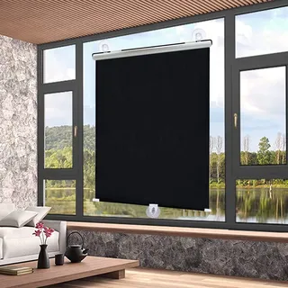 Saugnapf Sonnenschutz Verdunkelungsrollos, Einziehbare Sonnenschutzrollos Für Fenster, Tragbare Wärmeisolierte Vorhänge, Temporäre Jalousien, Sichtschutz, Ohne Bohren,Black-65×125cm(25.6*49.2in)