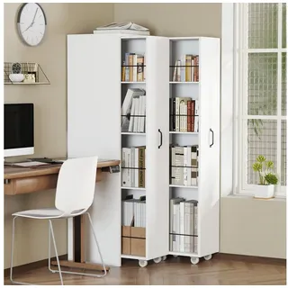 Odikalo Hochschrank Eckschrank Standvitrine mit Stauraum (180 cm hohes, extra schmales Bücherregal mit seitlichen Schubladen - Verstellbare Böden, links und rechts austauschbar, geeignet für kleine Räume -Sideboard, Wohnzimmer-Hochschrank, Bücherregal, für Wohnzimmer, Esszimmer, Flur, Schlafzimmer, Büro, Wohnung) weiß 158 cm