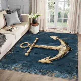 MMYAOKEN Anker Teppich Wohnzimmer 80x150 Nautisch Ankermotiv Maritim Deko, Teppich Kurzflor, Weich rutschfest Waschbare Teppiche, Fußmatte Bettvorleger Schlafzimmer Kinderzimmer A&-282