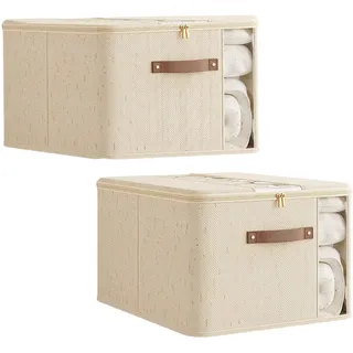 Resszo 2 Stück Faltbare Kleideraufbewahrung Box mit 40L Volumen – Stabiler Karton, Metall-Reißverschluss & Verstärkte Griffe – Ideal für Kleidung, Decken, Jacken (Beige, 45x35x25cm)