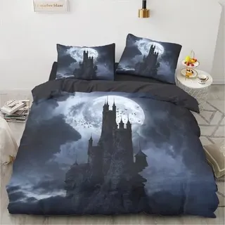 Bettwäsche-Set 200x220 cm Mikrofaser Schloss Mond Grau 3D Halloween