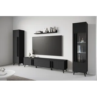 Home Affaire Wohnwand HOME AFFAIRE "Helsinki, Modernes Set mit verglaster Vitrine", schwarz (graphite schwarz matt), B:260cm H:159,5cm T:33cm, Holzwerkstoff, Kastenmöbel-Sets, Wohnwand, mit lamellengriffen, verstellbaren Einlegeböden und Kunststofffüßen
