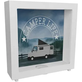 Camper Life mit Campervan Rahmen Spardose aus Holz Sparbüchse für das Vanlife Leben in Freiheit und in der Natur unterwegs mit dem Campervan sparen Reisen um die Welt
