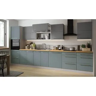 Feldmann-Wohnen Küchenzeile Kvantum, (Blum Teilauszug Schubladensystem, Blum Aventos Hochfaltklappen), 400cm grau / dust grey - mint, 10-teilig grau