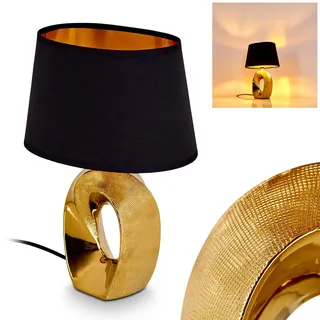 HOFSTEIN Tischleuchte Rovio, moderne Nachttischlampe aus Metall/Stoff in Schwarz/Gold Tischlampe mit Stoffschirm und Lichteffekt, Schalter am Kabel, Ø 19,5 cm, E14, Wohnzimmer, Schlafzimmer, Esszimmer