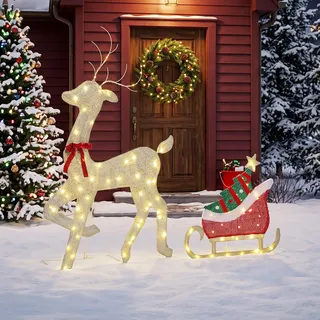 Outsunny LED Rentier mit Schlitten Metall 23x125x80 cm Weihnachtsdeko Gold