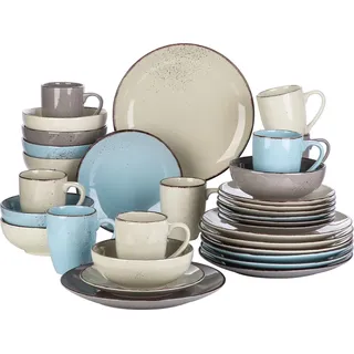 vancasso klassische Kombiservice, 32-tlg Geschirrset aus Porzellan für 8 Personen, (Erdfarben, Hellblau, Cremefarben, Beige) - Braun/Hellblau/Beige