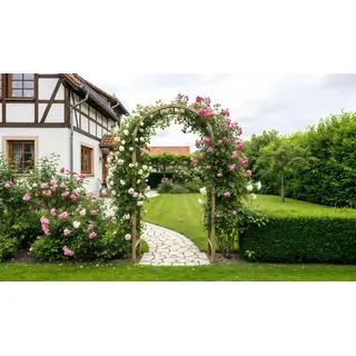 Rosenbogen aus Holz – 90 cm Durchgangsbreite, aus Kiefernholz, mit Rankgittern, druckimprägniert, Bausatz zur Selbstmontage für Garten & Terrasse