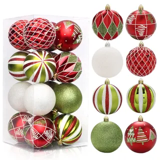 GLITZFAS Weihnachtskugeln 8cm 16 Stück, Kunststoff Christbaumkugeln Weihnachtsdeko Weihnachtsbaumschmuck mit Aufhänger Baumschmuck Weihnachten Deko Ornamente (Rot Grün Gold)