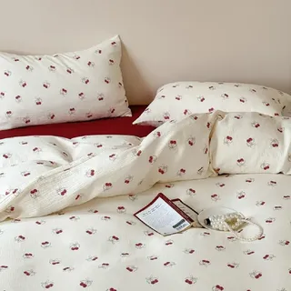 Lanqinglv Musselin Bettwäsche 135x200 Baumwolle Beige Rot Kirsche Bettwäsche-Set,Renforce Leinenoptik ÖKO-TEX Bettwäsche Kinder Mädchen mit Reißverschluss und 1 Kissenbezug 80x80cm