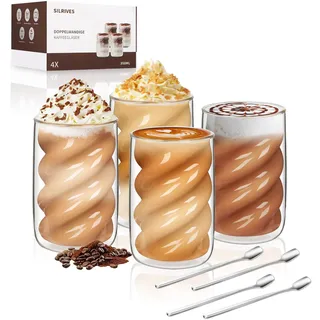 SILRIVES Latte Macchiato Gläser Doppelwandig 350ML 2er Set mit 2 Löffeln, Kaffeegläser aus Borosilikatglas IIsolierende Espressotassen Cappuccino Gläser Eiskaffee Teegläser Thermogläser