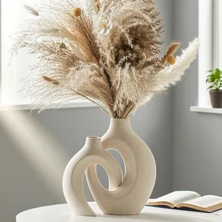 Keramik Vase, SUKIYPO 2er Set Moderne Hohle Vasen, Nordische Vasen Deko | Vasen Set, ästhetische Boho Blumenvase für Zuhause, Wohnzimmer, Schlafzimmer, Büro, Bauernhaus, Couchtisch Dekoration, Beige
