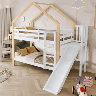 Merax Kinderbett Hochbett 90 x 200 cm, Etagenbett mit Leiter udn Rutsche, Hausbett mit Rausfallschutz und Zwei Lattenrost, Stockbett für 2 Kinder, Bettrahmen aus Massivholz, Jugendbett, Weiß+Natur