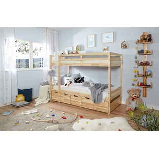 TiCAA Etagenbett, Kinderbett, Stockbett Funktionsbett für Kinder mit Treppe & Schubkasten mit Ausziehfunktion Zwei Liegeflächen aus Kiefer Massivholz Natur Bettgestell 90 x 200