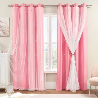 Omgoods – Verdunkelungsgardine für das Schlafzimmer – Doppellagig, 132 x 244 cm (52 x 96 Zoll), Polyester mit Voile-Design mit Sternenmuster - Rosa