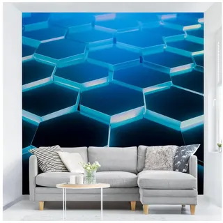 Bilderdepot24 3D-Tapete Hexagone Neonlicht Türkis 3D-Effekt, Glatt, Matt, (Vliestapete inkl. Kleister oder selbstklebend), Jugendzimmer Gaming Zimmer Tapete Wohnzimmer Vliestapete Wandtapete grün 96 m x 96 m