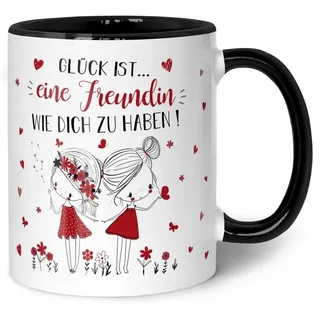 GRAVURZEILE Tasse mit Spruch Glück ist eine Freundin, - Persönliches Geschenk für Freundinnen - Schwarz & Weiß schwarz