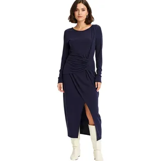 Damen Midi-Kleid Sommer-Kleid in Wickeloptik Freizeit-Kleid Langarm-Dress 952182 Dunkelblau - 32/34