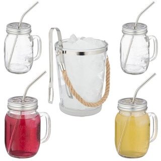 relaxdays Gläser-Set 4 Trinkgläser mit Deckel und Zubehör, Glas silberfarben|weiß