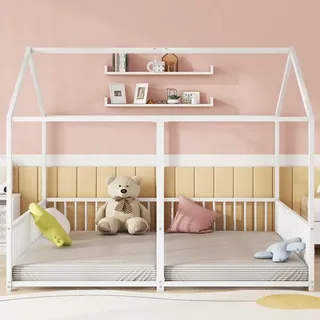 Haus-Hochbett 90x200 cm – Kinderbett in Weiß, Eisenrahmen, Haus-Design, Geländer, Leiter, Doppelbett-Optik, 186x206x174,5 cm, für Kinderzimmer - Weiß