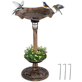 KOMFOTTEU Vogeltränke, Vogelbad Winterfest mit Solar Licht & Blumentopf braun