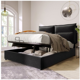 SOFTWEARY Polsterbett Doppelbett (mit Lattenrost und Bettkasten, 140x200 cm), mit höhenverstellbarem Kopfteil, Bezug aus Samt schwarz