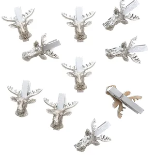 12 Hirsch-Klammern Silber – Holzklammern mit Geweih 4 cm – Weihnachtsdeko mit Hirschmotiv Karten – Logbuch-Verlag