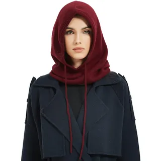 YUONNY Unisex Balaclava Kapuzen Mützen Schal, 10% Kaschmir & 90% Wolle, Winter Weich Strick Beanie Hut Schlauchschal 2-in-1, Damen Herren Outdoor Winddicht Warm Loop Schal mit Kapuze Neckwarmer Red F