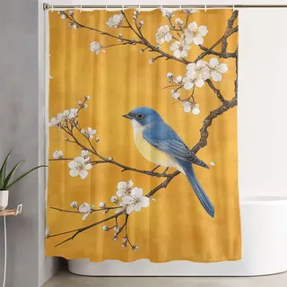 Duschvorhang 90x200 cm Gelb Wasserdicht Anti Schimmel Shower Curtains Bird mit Gewicht Saum und Haken, Extra Langer Duschvorhang Waschbar und Schnelltrocknend für Badezimmer, Dusche, Badewanne 2Y-14