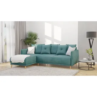 S-Style Möbel Ecksofa Lina mit Schlaffunktion, Bettkasten und Holzfüßen, aus Luxusmicrofaser, Ottomane links oder rechts bestellbar, mit Wellenfederung blau