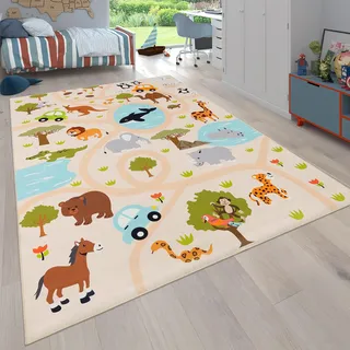 Paco Home Teppich Kinderzimmer Kinderteppich Junge Mädchen Spielteppich Dschungel Mit Affen Löwe rutschfest Modern Creme Grün Gelb, Grösse:80x150 cm