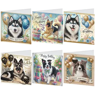 DCIDBEI 6er-Set DIY Diamond Painting Grußkarten Diamant Malerei Kunstkarten für Geburtstag Muttertag Weihnachten Jubiläum Erntedankfest Glückwunschkarten Geschenkkarte Geburtstagskarte Hund Husky