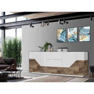 Dmora Modernes Sideboard mit 4 geometrischen Türen und 3 Schubladen, Made in Italy, Küchen-Sideboard, Wohnzimmer-Design-Buffet, cm 220x43h86, glänzend weiß und Ahorn